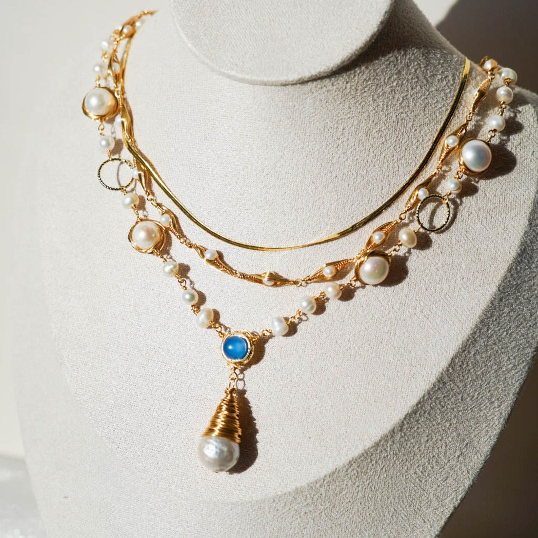 Blue Chalcedony Wire Wrapping Pearl Necklace